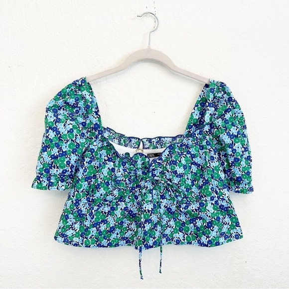 Zara Womens Small Ditsy Floral Puff Sleeve Crop Blouse Exposed Zip Back Cotton - Picture 5 of 6